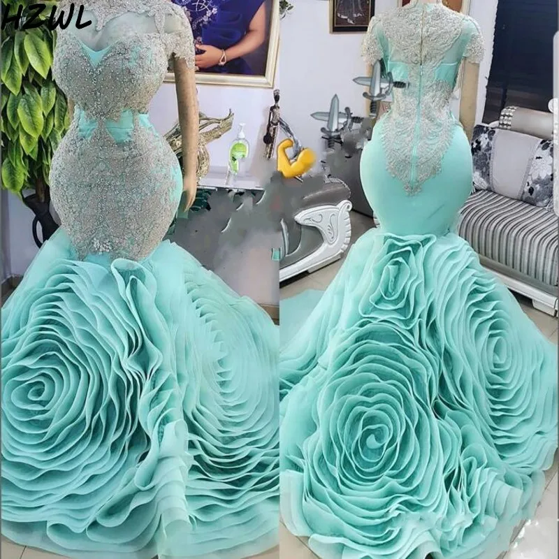 Mermaid Prom Dresses Sexy Sheer Neckline Lace Appliques Ruched Ruffles vestidos Zipper Evening Dress robe de soiree