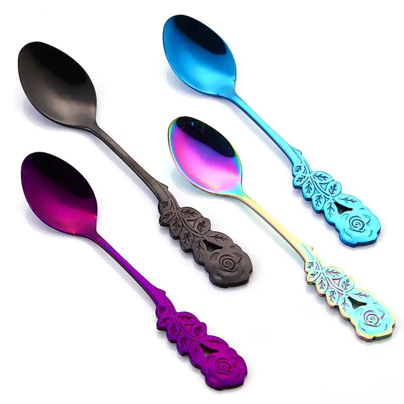 

1PCS Stainless Steel Rose Shaped Coffee Spoon Teaspoon Children Spoon Beautiful 7 Colors Coffee Tea Use Tableware Kitchen Tool