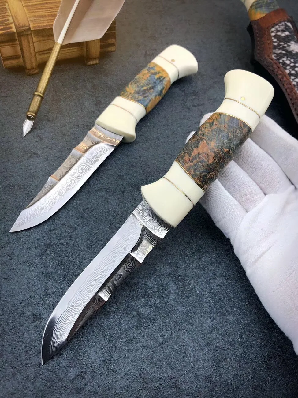60 HRC VG10 ручной работы дамасский охотничий прямой нож палисандр кость Бирюзовая ручка с коровьей кожи оболочка