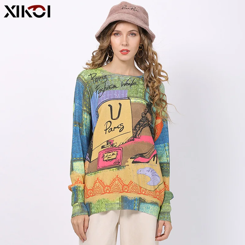 

Autumn Loose Long Sleeve Round Neck Animal Printing Top Women's Large Size Knitted Pullover T-shirt