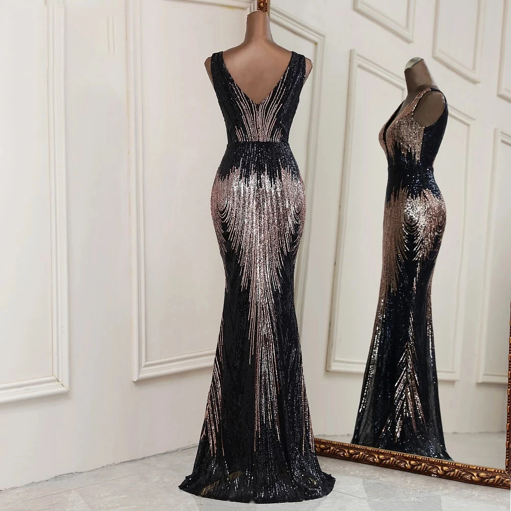 

Women's Long Sequin Formal Evening Dresses Luxury Sequined V Neck Prom Party Gown Mermaid Floor Length Cocktail Robe