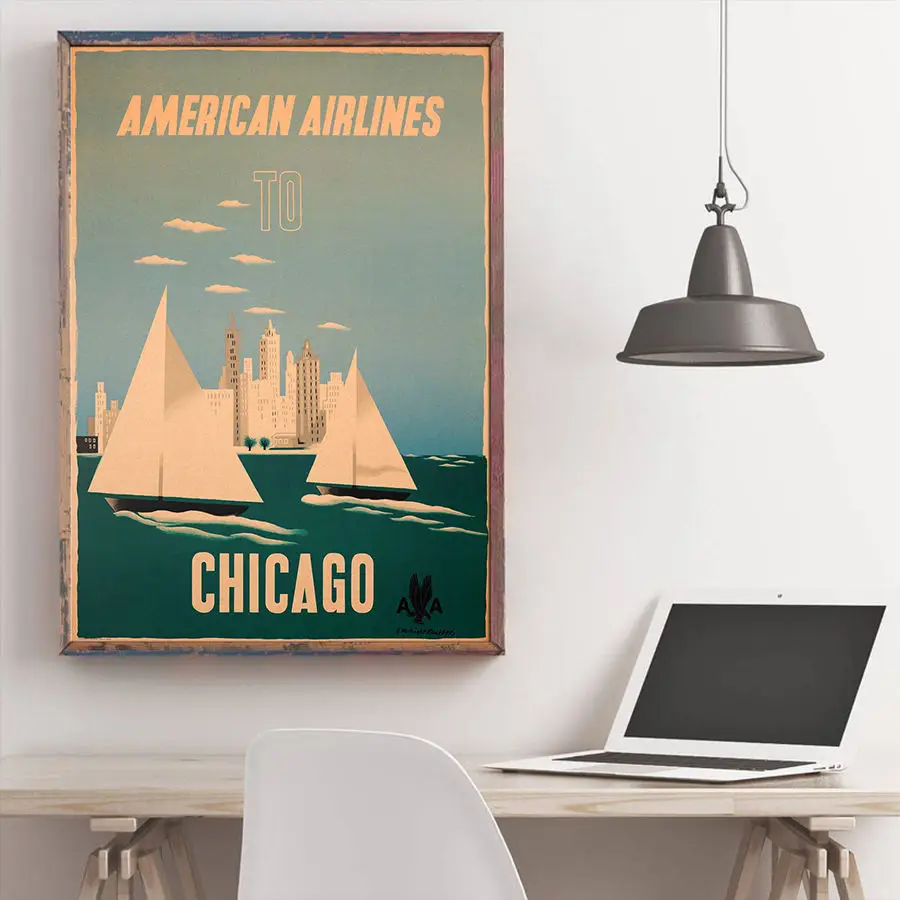 Chicago City Пейзаж Плакат ручной рисунок винтажная Печать стикер на стену бар кафе