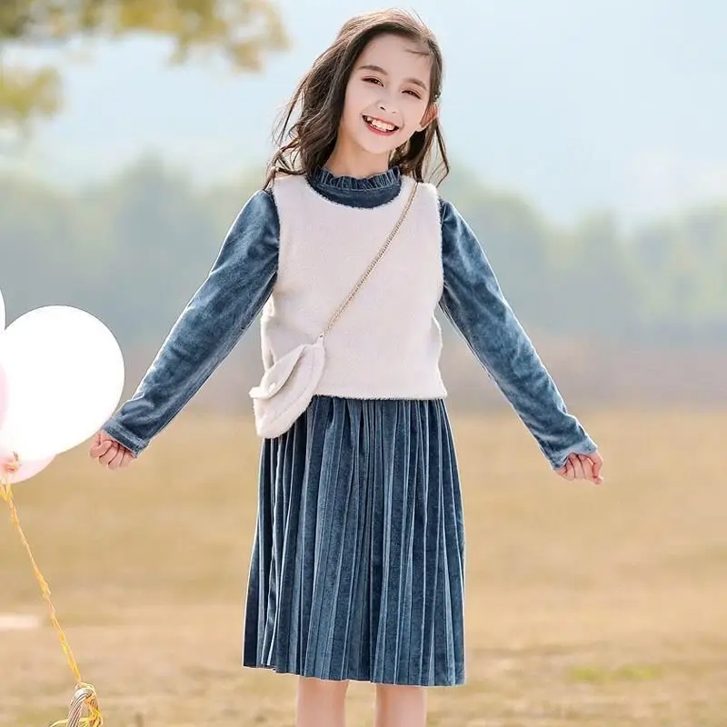 

Child's Dress for Girls Kid Long Sleeve Teen Clothes Girls Dress + Vest 2 PCS Princess Costume Autumn Spring Dress 2020