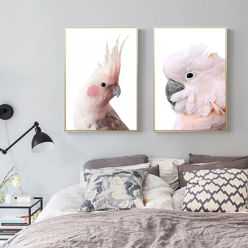 Холщовый постер с изображением розового попугая и птиц Настенная картина