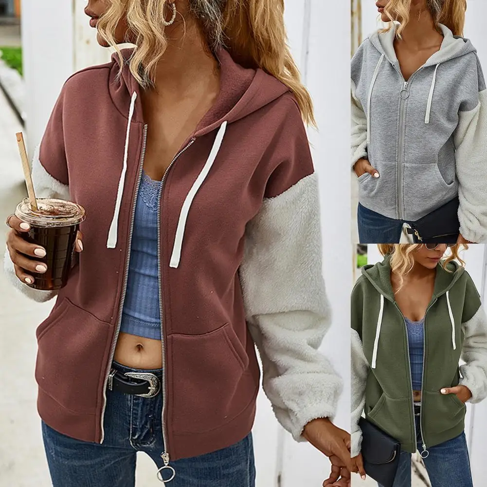 

Fashion Women Sweatshirt hoodie Coat Female Plush Hoodie Contrast Color Patchwork Women Hooded Drawstring Zipper Coat Streetwear