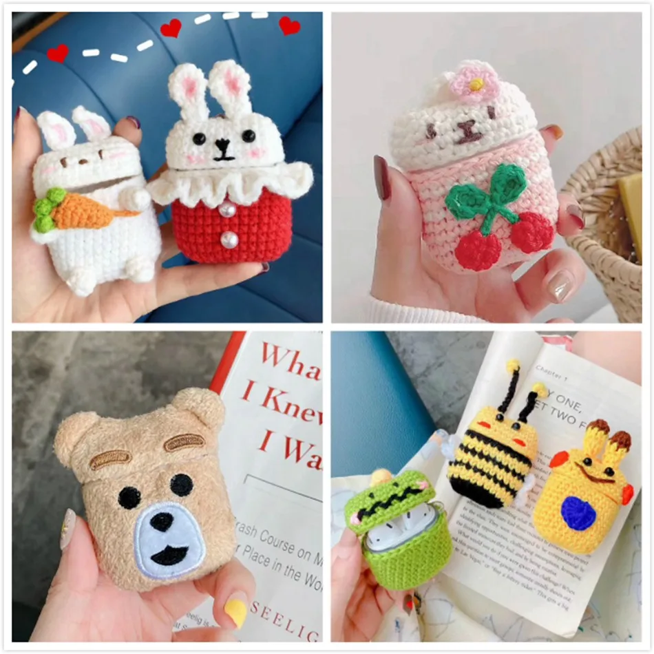 3D милый чехол для наушников Airpods с мультяшным рисунком вязаный плюшевый Apple 2