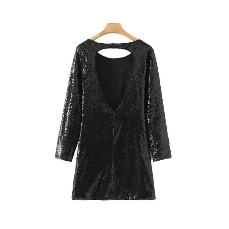 

Women's fashion sequined long-sleeved sexy dress with backpack X40
