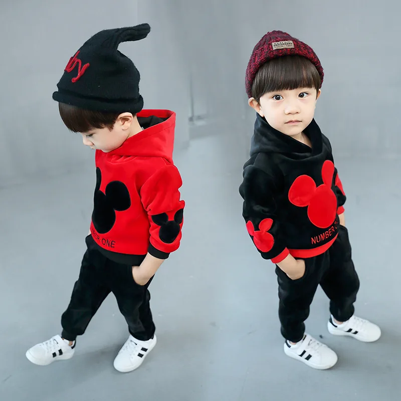 Новый Зимний плотный вельветовый костюм с Микки-Маусом для маленьких мальчиков и