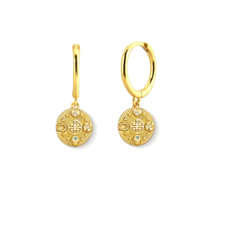 

Vintage Round Coin Hand Eye Heart Zircon Hoop Earrings Women Pendientes Zircon Stone Guardian Collection EaringsJewelry Kolczyki