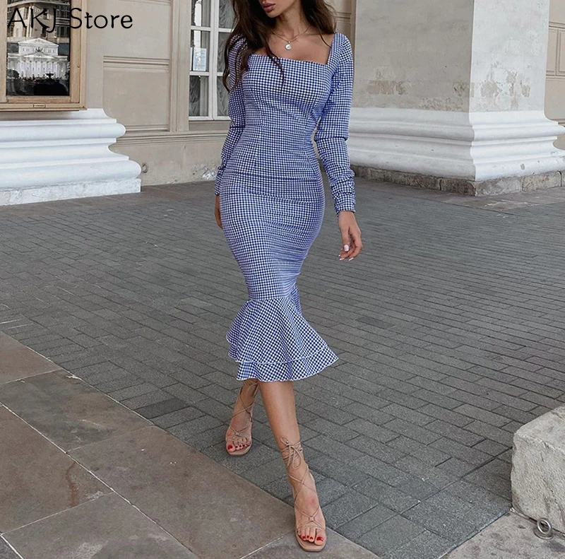 

Women Vintage Square Collar Long Sleeve Casual Cocktail Party Bodycon Mermaid Dress