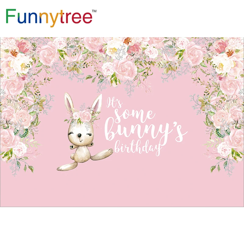 

Funnytree Pink Rabbit Easter Backdrop Supplies Spring Girl's 1st Birthday Party Decor Floral Flower Pastel Baby Shower Wallpaper