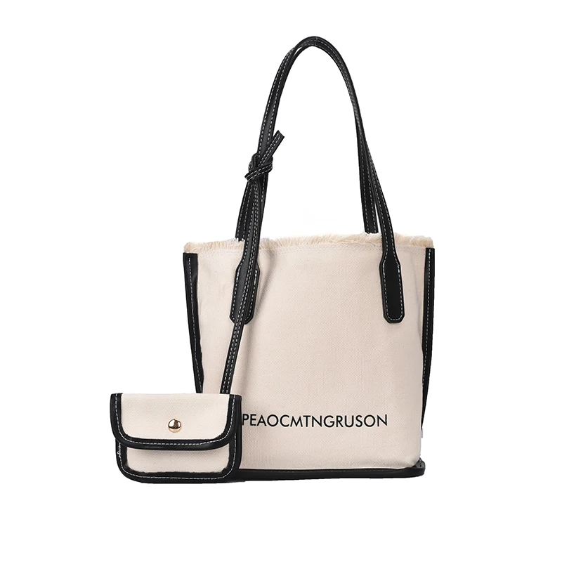 

Axukes Canvas Handbag 2021 Summer New Women's Shoulder Bag Shopping Bag Tassel Design Contrast Stitching Travel