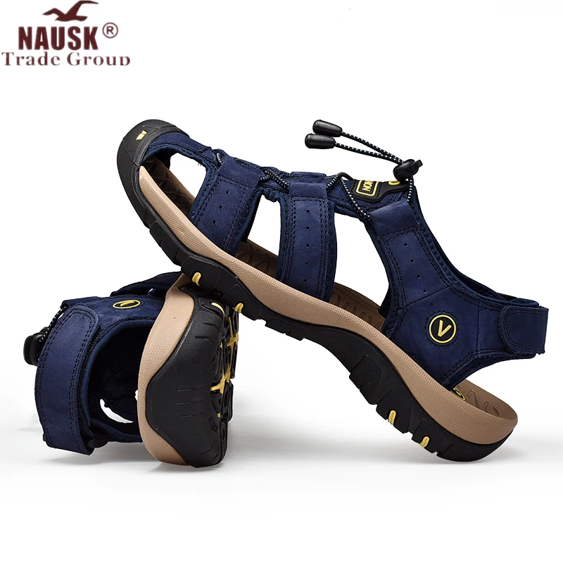 Мужские сандалии из натуральной кожи NAUSK черные пляжные повседневные уличные