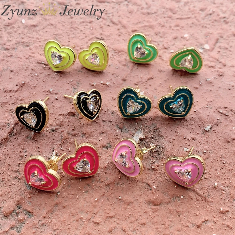 

10 Pairs, Enamel Crystal Zircon Heart Stud Earrings for Women Girls Gold Color Summer jewelry Colorful Earring Party Gifts