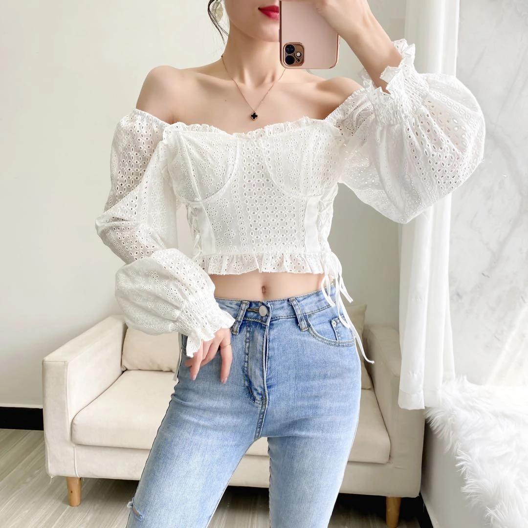 

Women's Shirt and Blouse Fashion Spring Autumn Square Collar Puff Long Sleeve Embroidery Lace Hollow Out Bandage Cropped Top