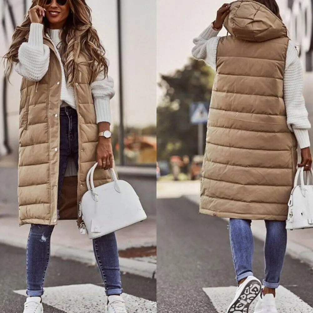 

Women Winter Coat Vest Fashion All-match Hooded Vest Keep Long Black Khaki Sleeveless Warm M8z2
