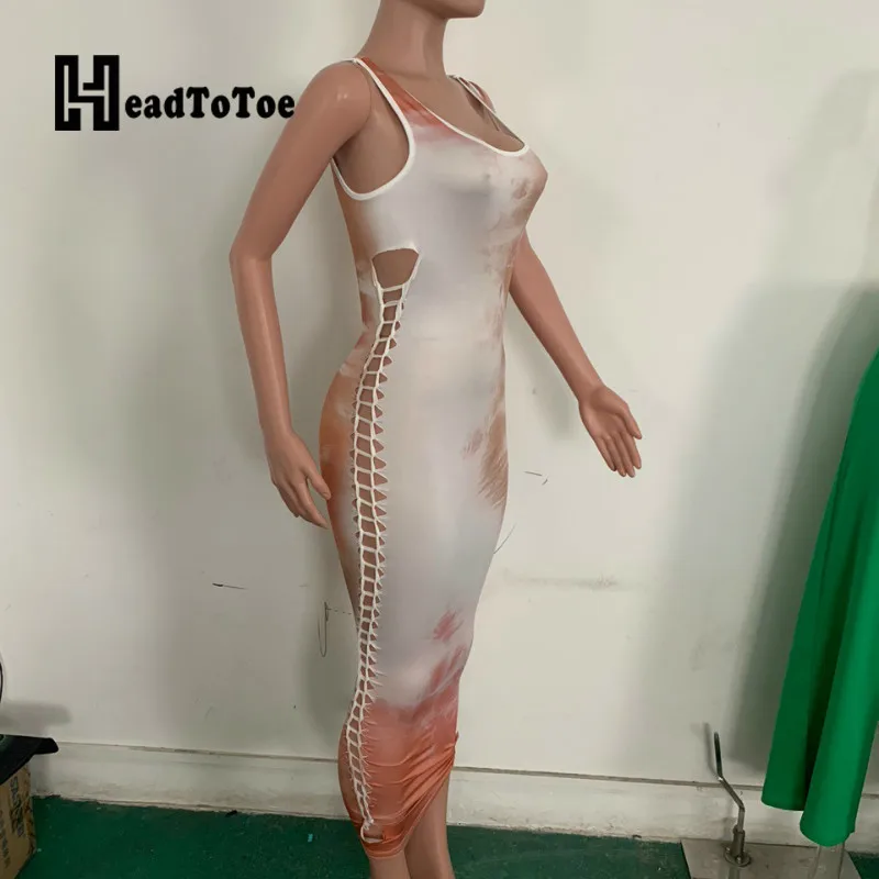 

Tie Dye Print Hollow Out Sleeveless Dress Women U-neck Casual Maxi Dress