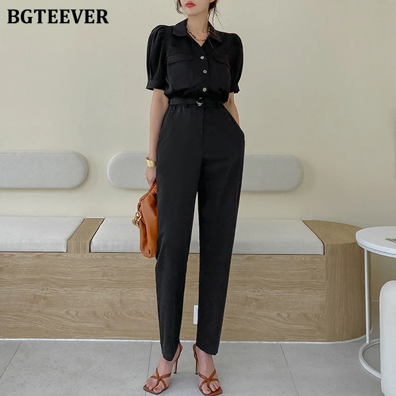 

BGTEEVER Office Ladies Jumpsuit Summer Short Sleeve Single-breasted Belted Straight Leg Women Playsuit Overalls Female Rompers