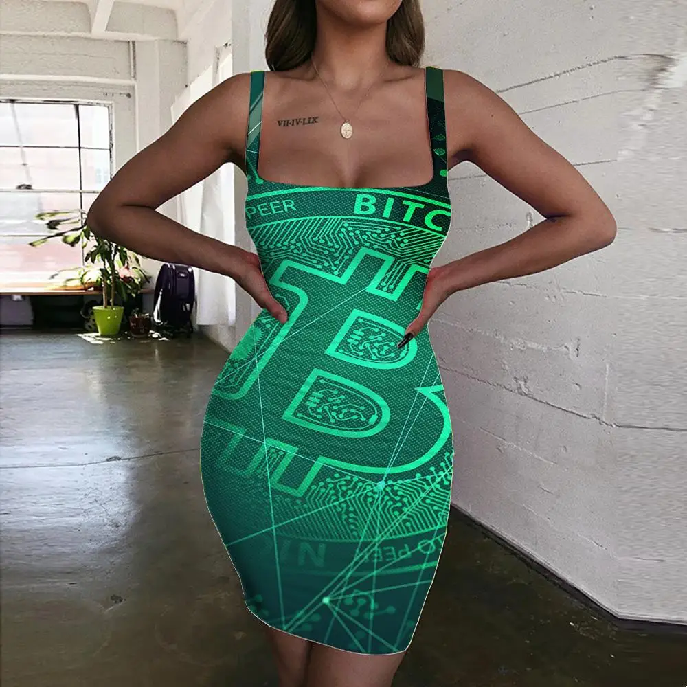 

Giyu Brand Bitcoin Dress Women Currency Bodycon Dress Geometry 3d Print Art Sundress Womens Clothing Mini Evening Short