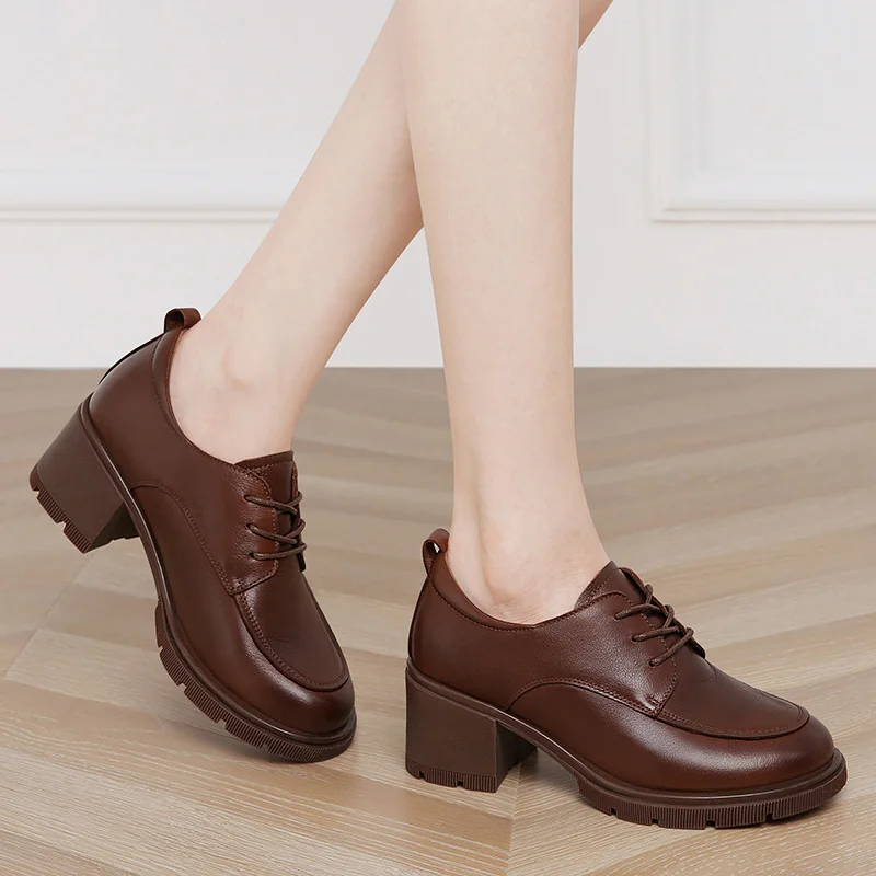 

Thick-heeled high-heeled shoes 2021 spring autumn new thick-soled deep-mouth single shoes leather shoes mid-heel women's laces