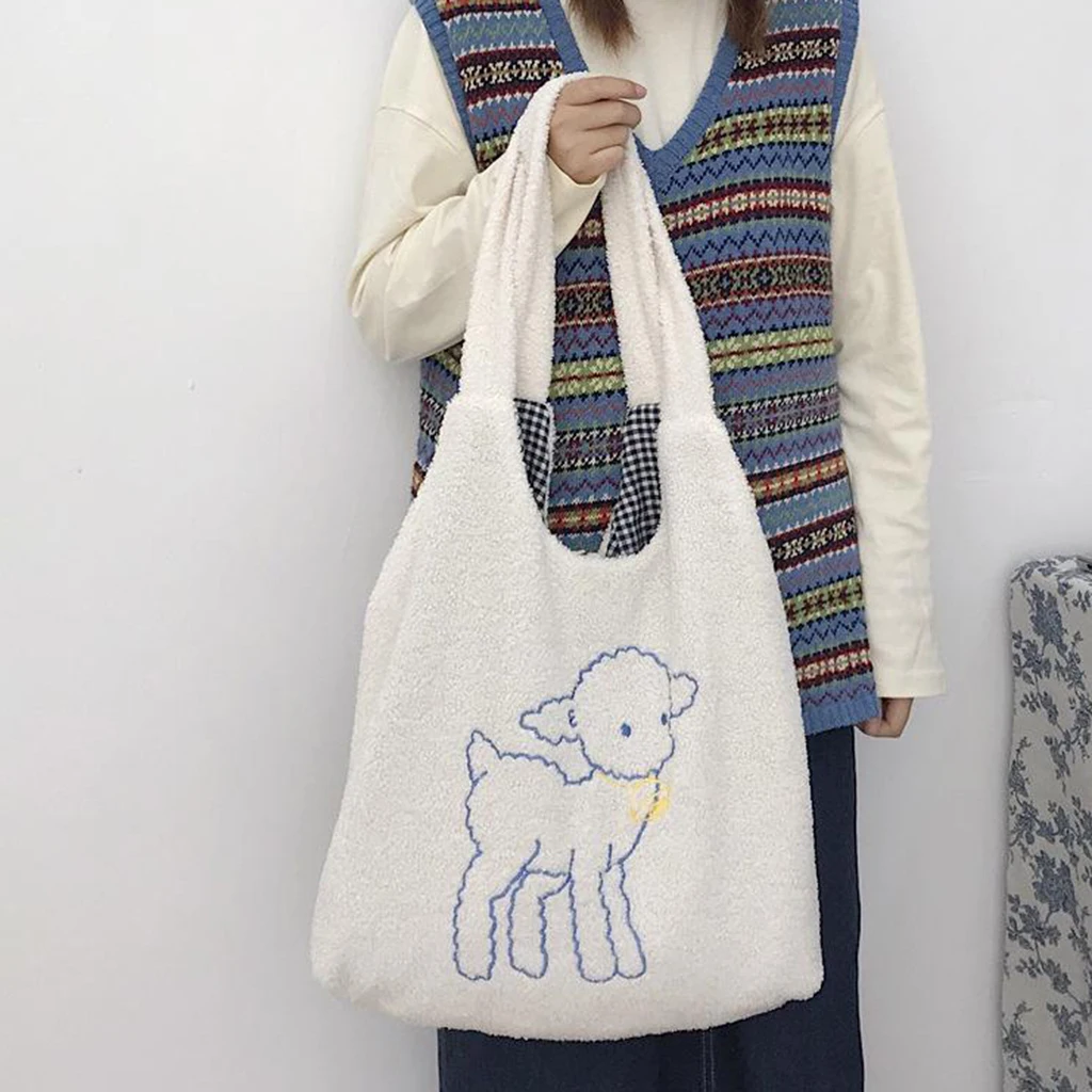 

Fleece Shoulder Bag Embroidery Sheep Shopping Crossbody Satchel White