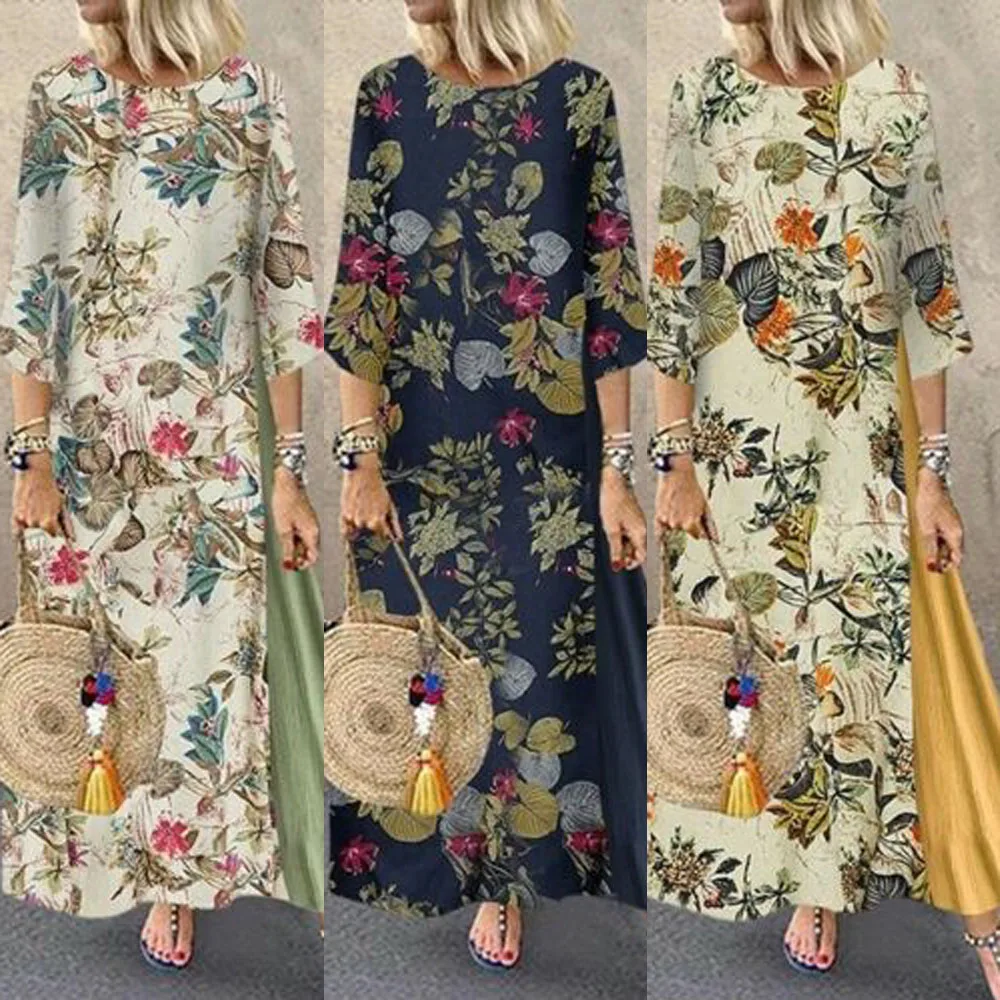 Boho женское хлопковое льняное свободное нарядное платье Летнее цветочное платье длиной до щиколотки плюс размер Лето Новое