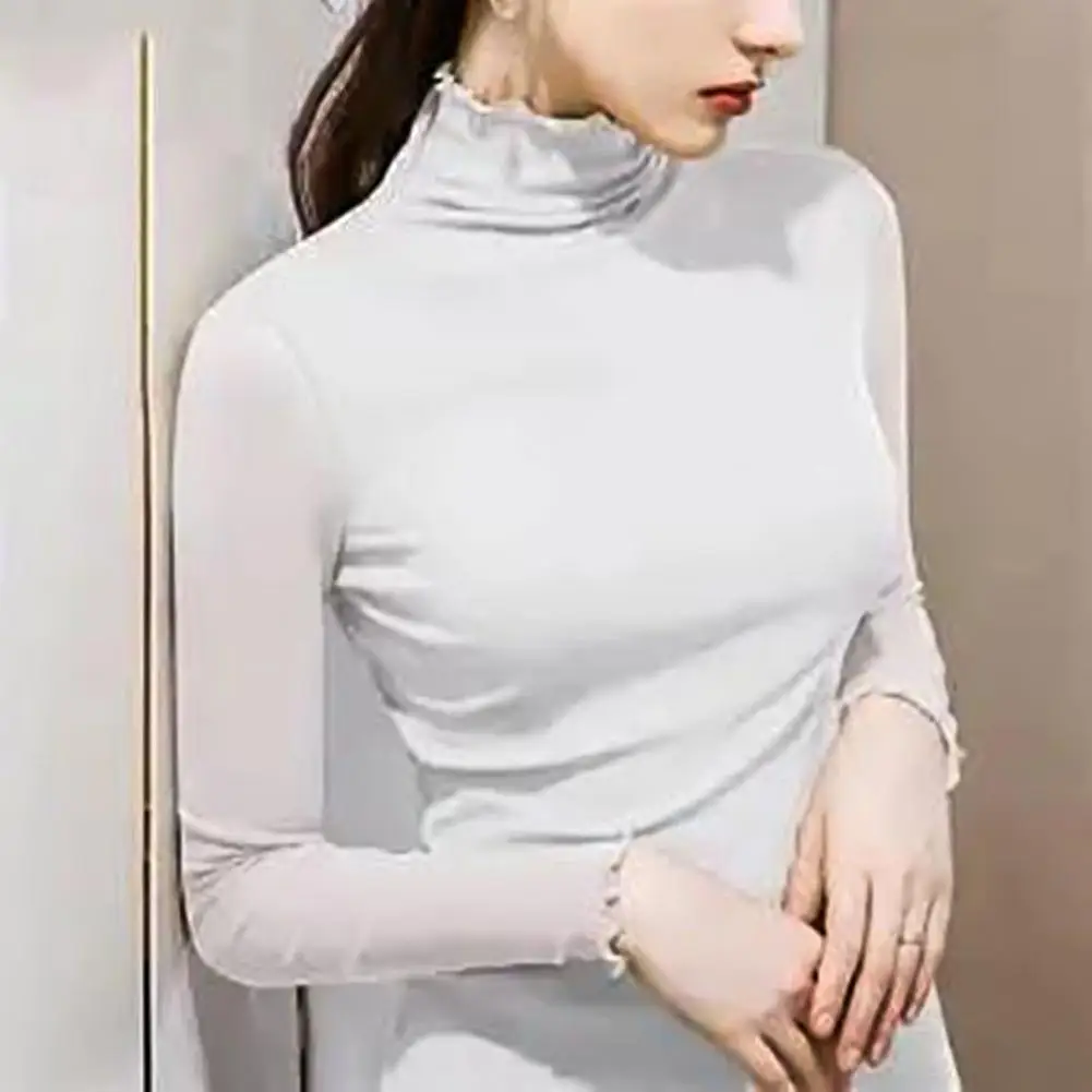 

Women Long Sleeve Turtle Neck Solid Color Wavy Hem Slim Basic Blouse T-shirt