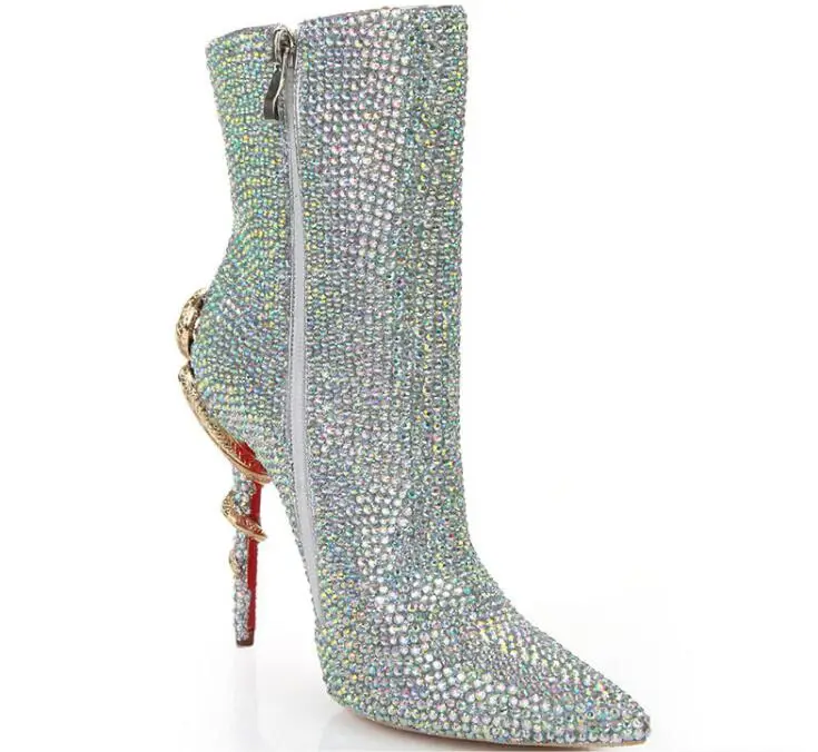 Ботильоны с украшением в виде кристаллов свадебные ботинки красной подошвой и