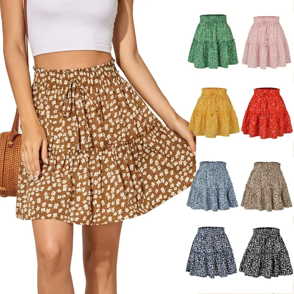 

Floral Print Boho Sexy Mini Skirt Women Summer High Waist Frills Skirts Ruffled Pleated Drawstring Leopard Lace-up Midiskirts