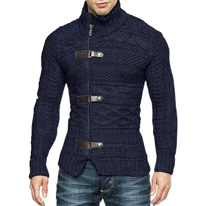 Fashion Men Sweater Autumn Winter High Neck Sweater Men Leather Buckle Long Sleeve Knitted Cardigan Coat Large Size Men Clothing