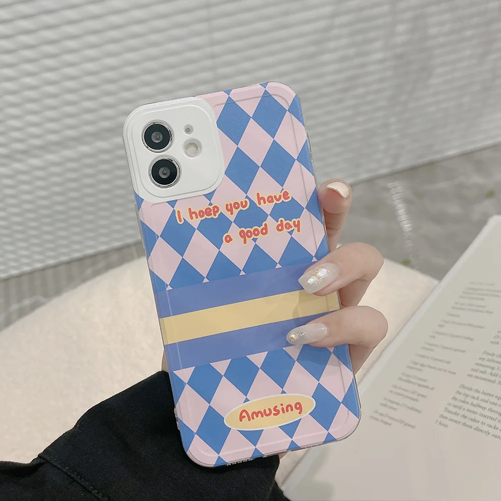 

Retro sweet Diamond Plaid lattice geometry Phone Case For iPhone 13 11 12 Pro Max Xs Max XR XS 7 8 Plus X 7Plus case Cute Cover