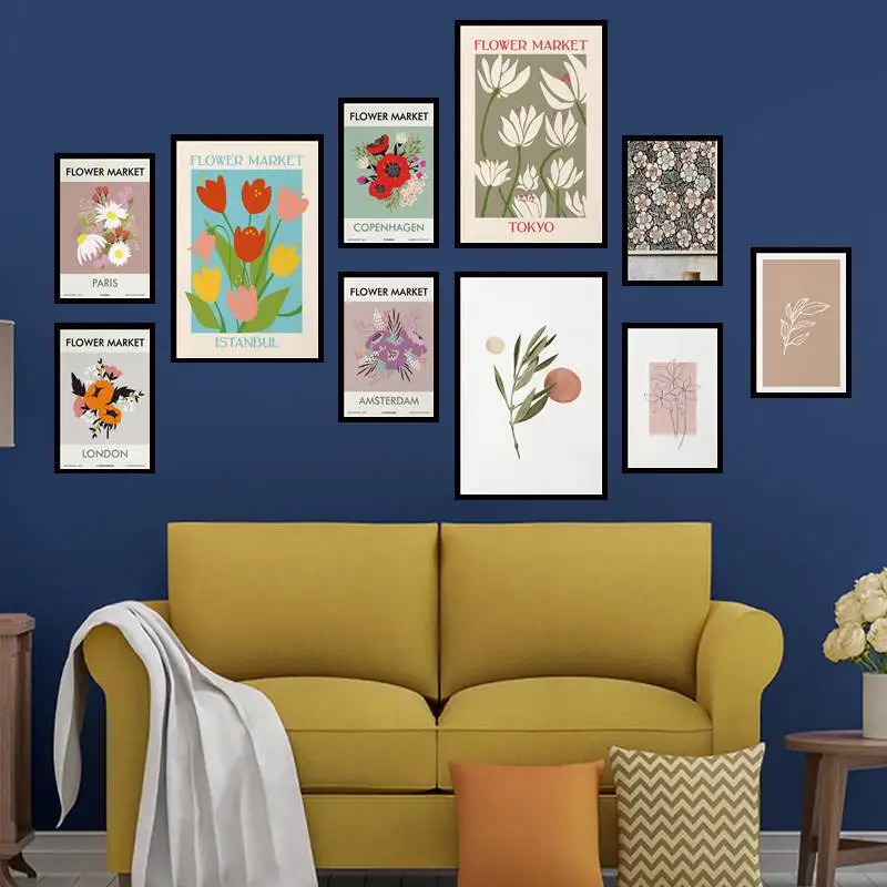 

Farmhouse Wall Art Minimalist Leaf Stems Minimal Line Flowers Neutral Fall Color Vintage Retro Posters Room Wall Decor