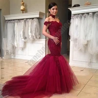 classic burgundy evening dresses off the shoulder sleeveless mermaid vestido gown appliques tulle formal robe de soiree