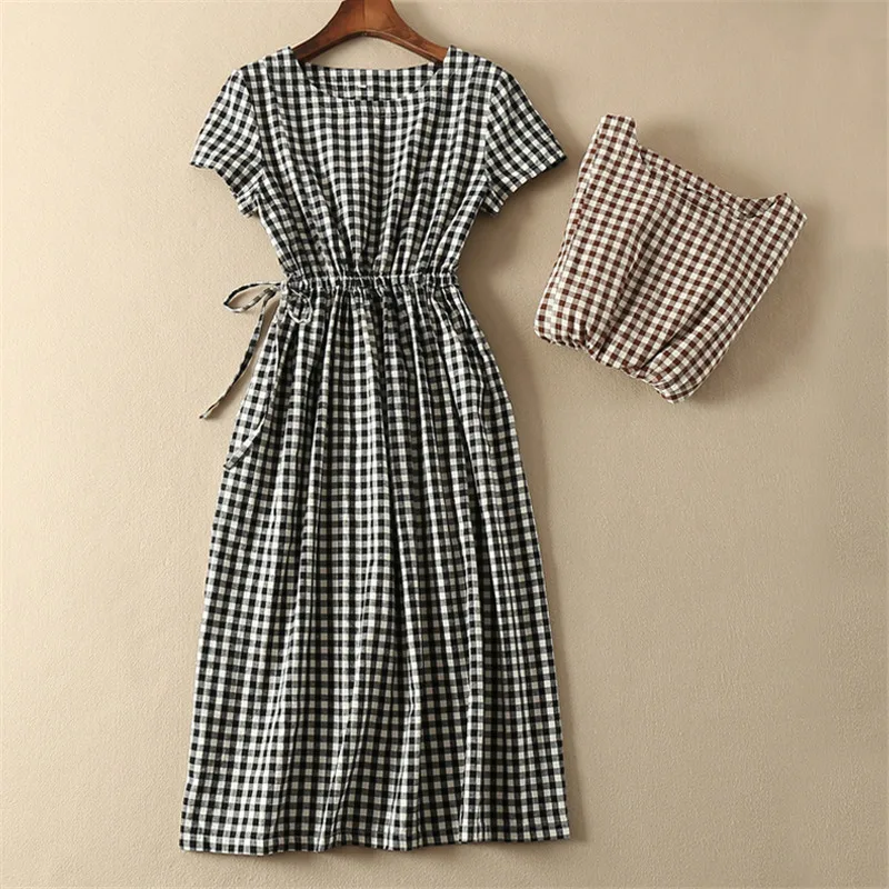 

Limiguyue Summer Women Midi Cotton Linen Plaid Dress Casual Round Neck Short Sleeved Dress Sweet Drawstring Midi Sundress K2725