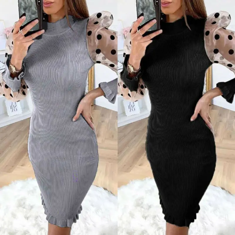 Женское трикотажное платье в горошек размера плюс с длинным пышным рукавом стиле