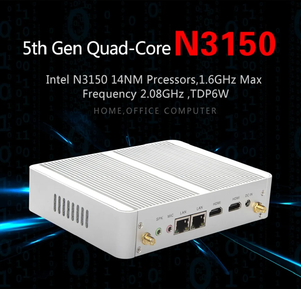 Двойной HDMI WiFi двойной LAN tv Box безвентиляторный Intel N3150 Мини ПК Celeron четырехъядерный 1,6~ 2,08 ГГц Windows 10 Мини компьютер
