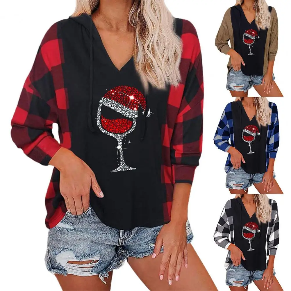 

Dropshipping Women Top Christmas Style Shiny Plaid Print V-neck Patchwork Hoodie for Daily Wear