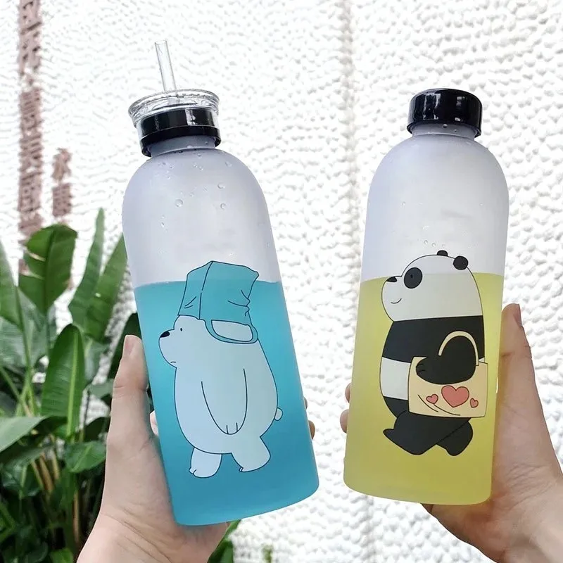 

Cute Plastic 1000ml Panda Bear Pattern Water Bottle Cartoon Frosted Water Cup Drinkware Transparent Sports Drinking Water Bottle