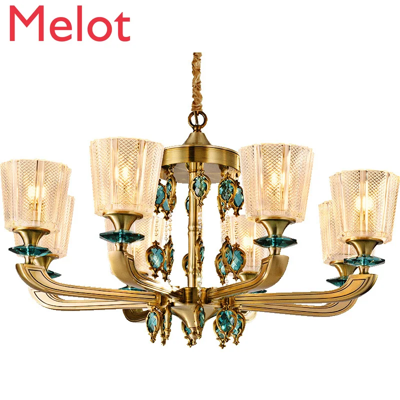 

European All Copper Peacock Blue Crystal Chandelier Living Room American Light Luxury Simple Bedroom Dining Room Lamps
