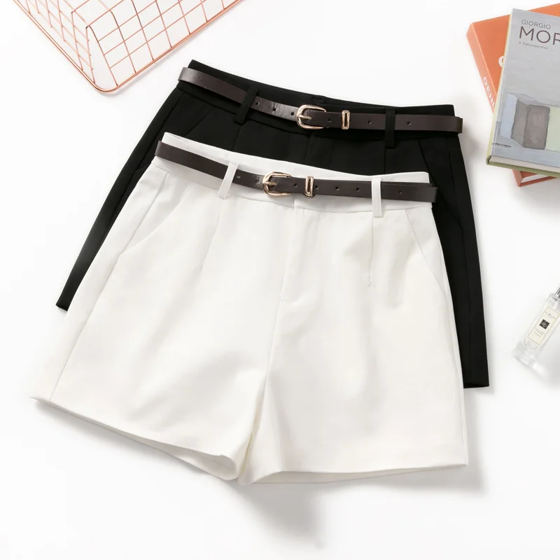 

White Summer Shorts Women Wide Leg Loose Casual Shorts With Belt Solid Color Streetwear Bottoms Spring Korean Office Lady Shorts