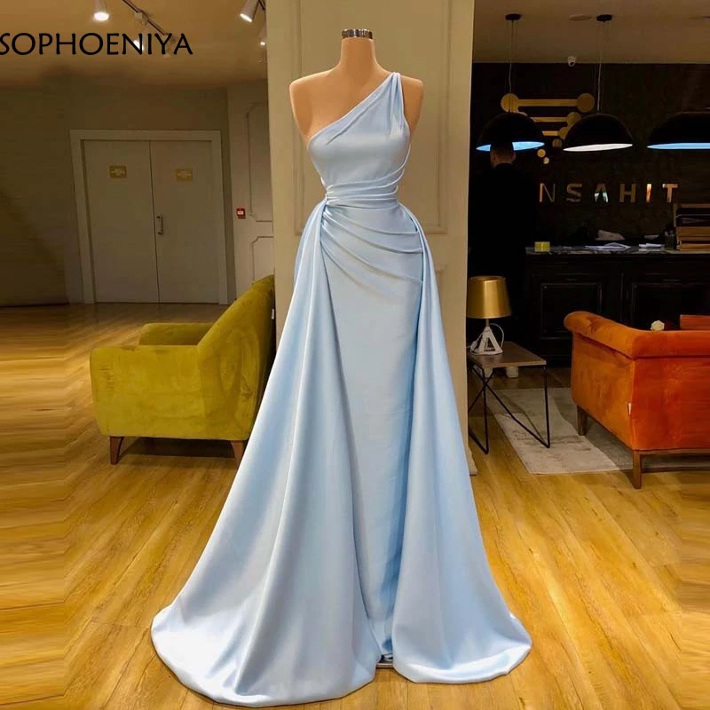 

New Arrival Sky blue One shoulder evening dresses Long formal dress party Satin Robe de soiree musulman gown dress