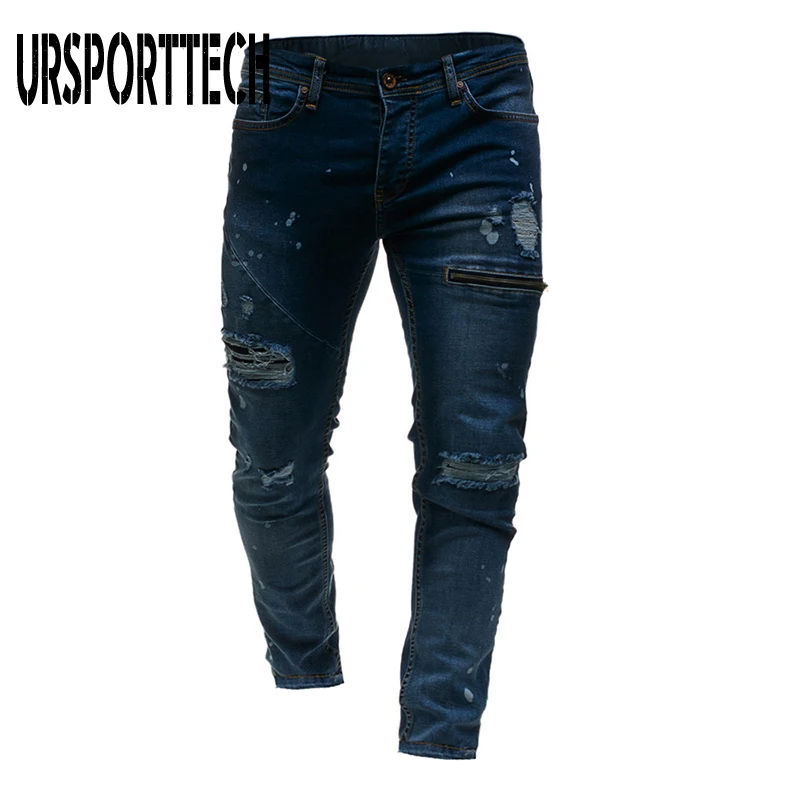 Джинсы мужские потертые в стиле хип хоп рваные узкие брюки из денима модная