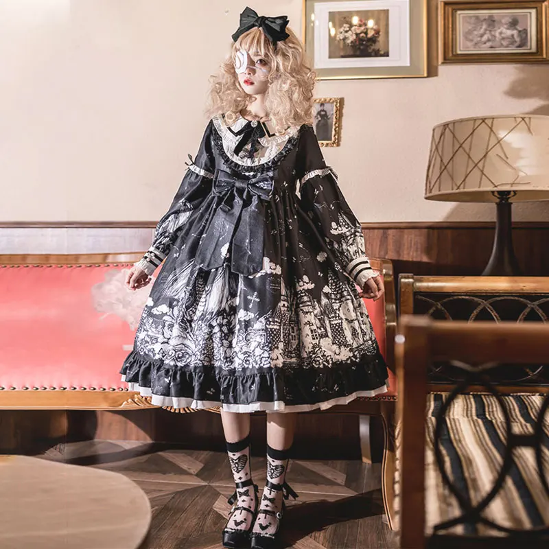 

Gothic Lolita Dark Color loli Autumn Winter daily Lolita High Waist Kawaii Girl Cos Long Sleeve Dress Women