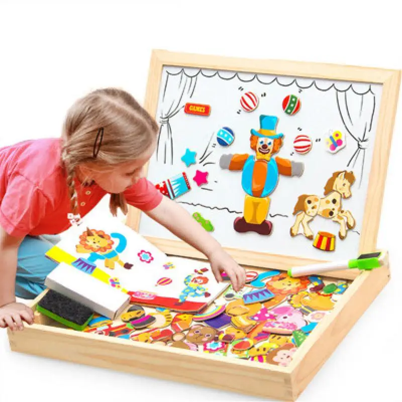 

Wooden Magnetic Jigsaw Game Montessori Educational Toy Gift 100+pcs Children's Magnetic Animal Puzzles Circus Drawing Board