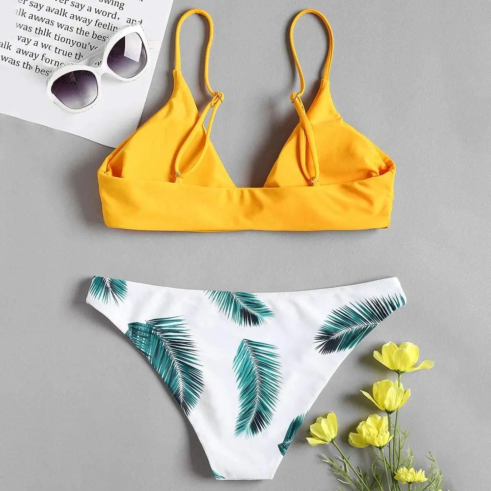 

Women's Bikini Set Summer Breach Swimsuits Leaf Print Padded Bathing Suits Surfing Adjustable Straps Micro Swimwear