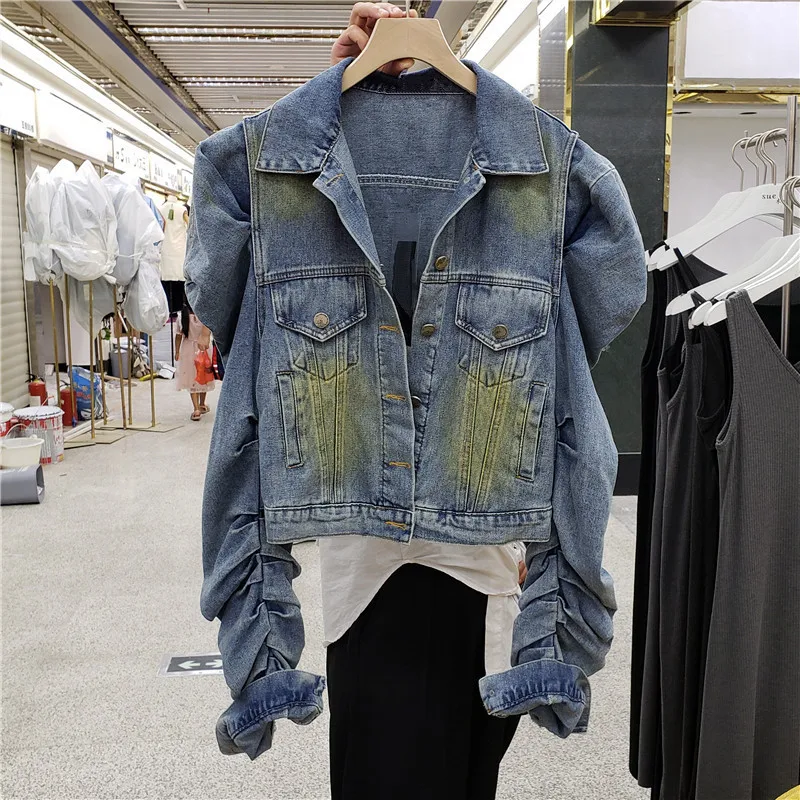 

Autumn Fashion Tie-dye Gradient Short Pleated Puff Sleeve Women Denim Jacket Lapel Casual Blue Jeans Jacket Female Basic Coat