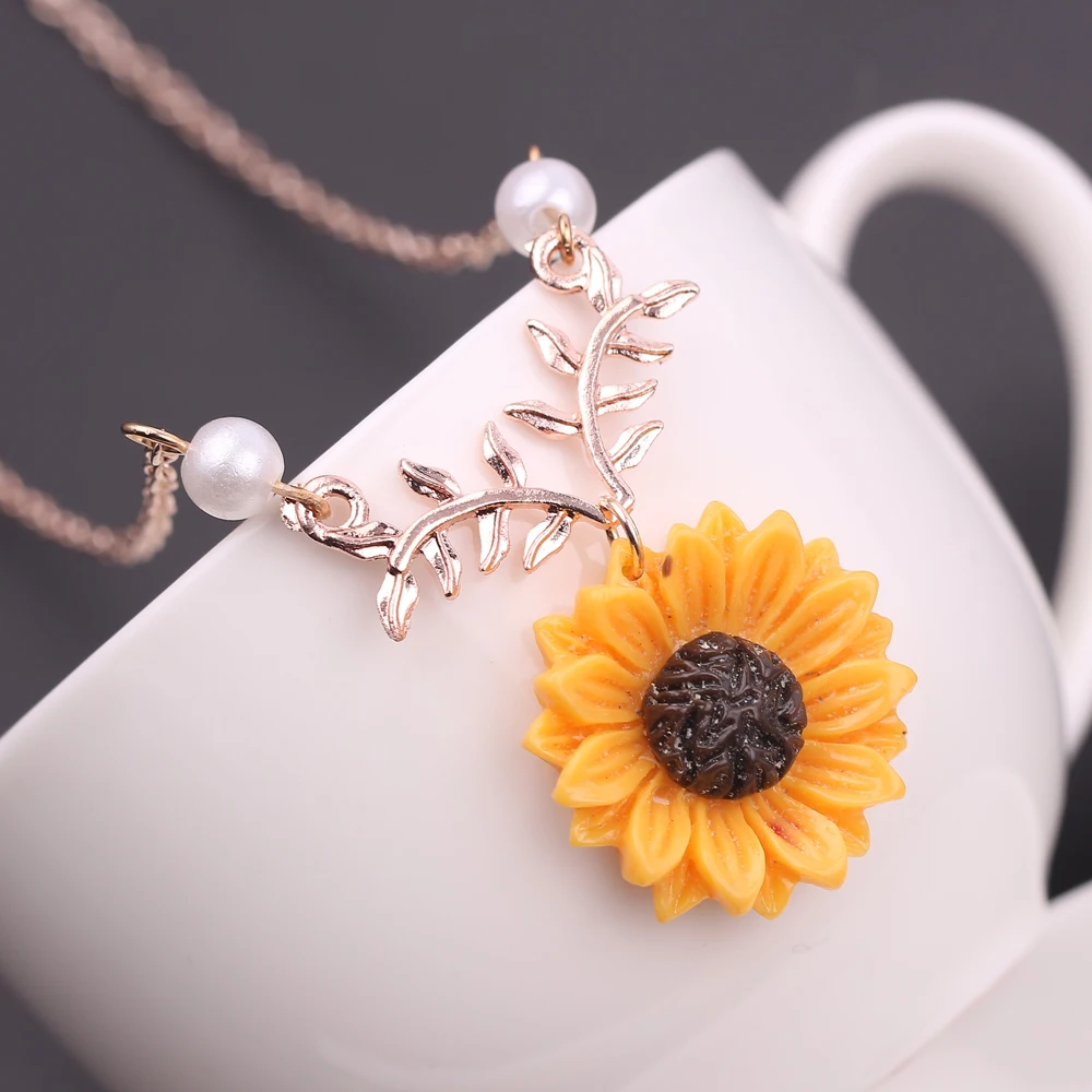 Розовое золото Подсолнух ветка с листьями ожерелье Женские ювелирные аксессуары