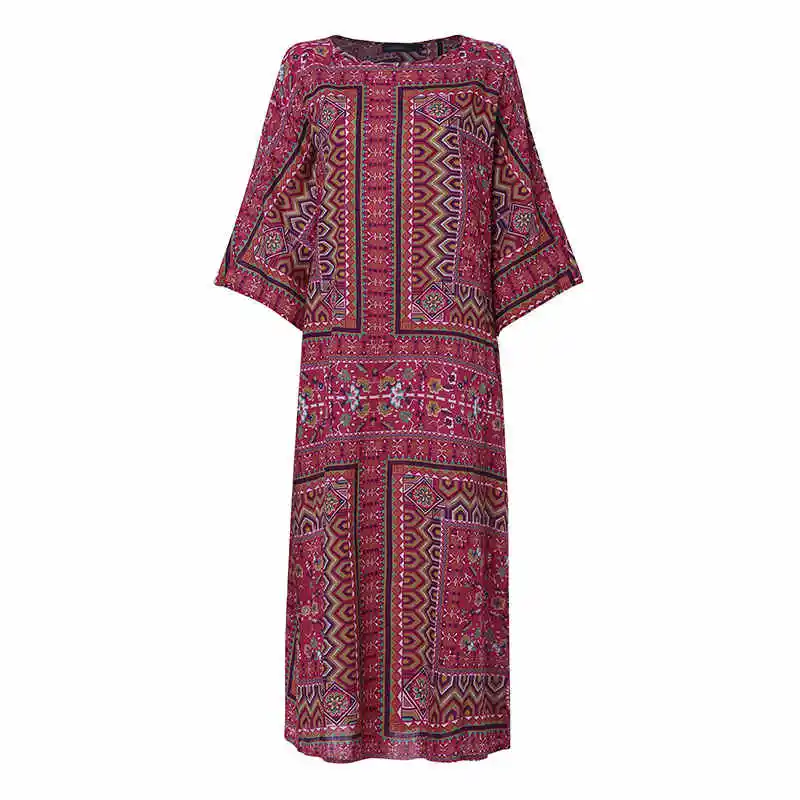 Red Printed Летнее платье макси, женское Полосатое летнее платье, ZANZEA, богемное, рукав 3/4, мешковатое платье, женское платье с круглым вырезом, лоскутное платье размера плюс - Цвет: Red Printed