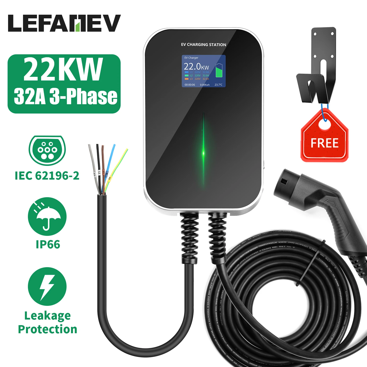 Зарядное устройство для электромобиля BMW, Audi, 3 фазы, 32 А, EVSE, Wallbox, EV, зарядная станция с кабелем типа 2, IEC 62196-2, 22 кВт - изображение