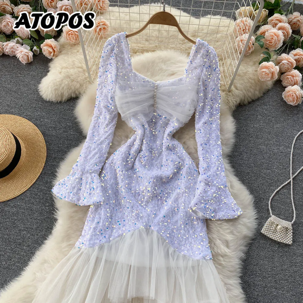 

Atopos Sequins Elegant Party Dress Fashion Women Mesh Fishtail Evening Dresses Autumn Sexy Vestidos Female Robe New Year 2022